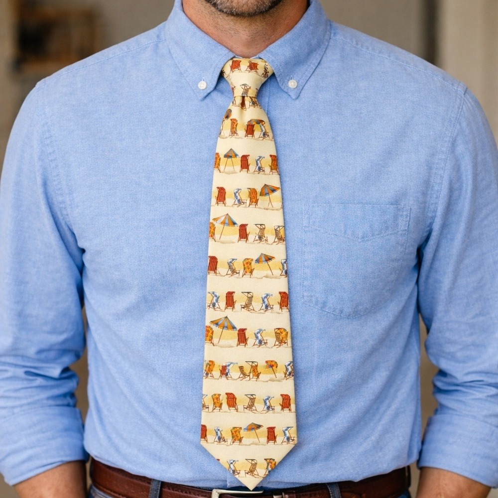 Tommy Bahama Men's Silk Beach Scene Tie Yellow Blue Orange‎ Vacation Tropical
